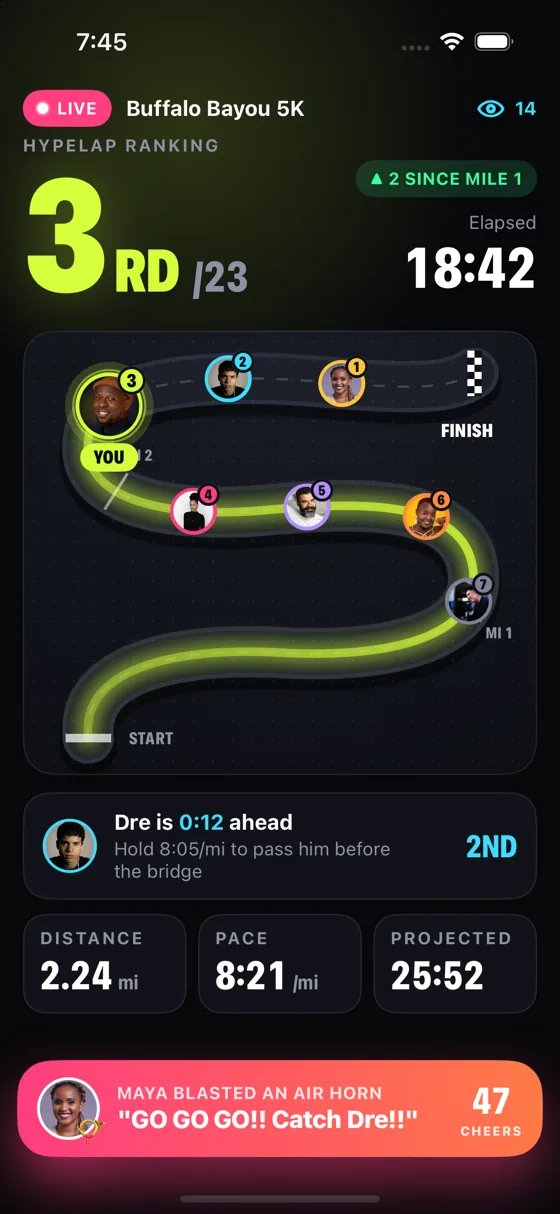 Rank at a glance: Huge numbers you can read at mile 5. No map, just the race.