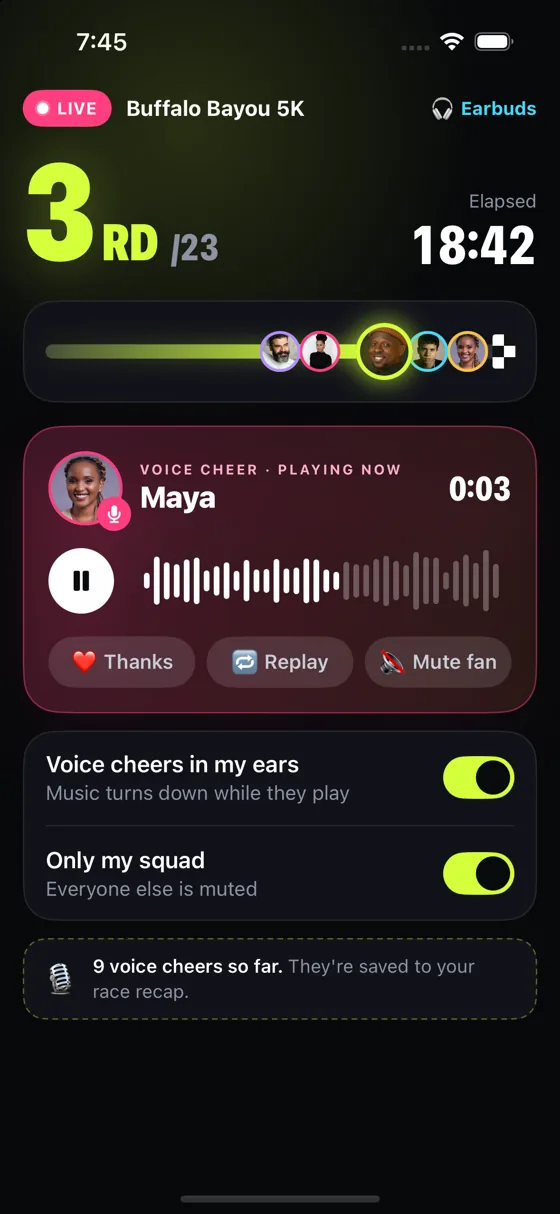 Voice cheers: A friend's voice, in your earbuds, over your music.