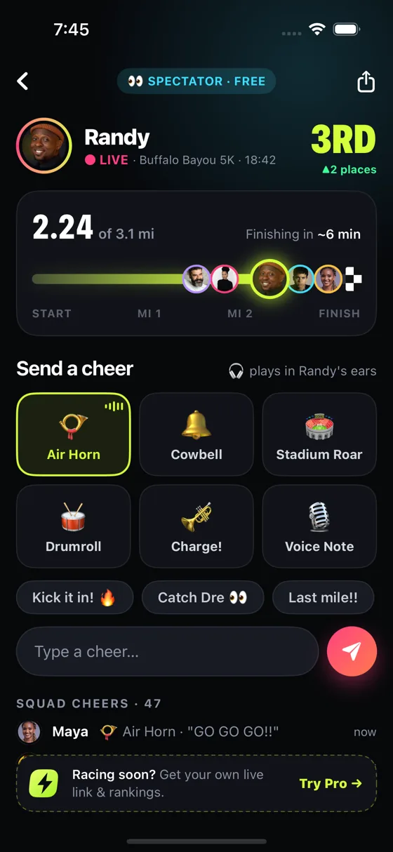 Friends cheer free: Air horns, cowbells, messages. No sign-up.